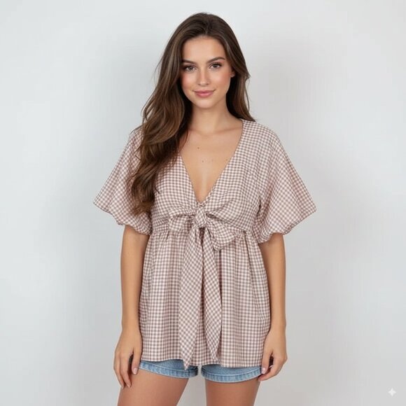 4si3nna Brown Gingham Valentina Short Sleeve Blouse Top SIZE Small NWT - Picture 1 of 4